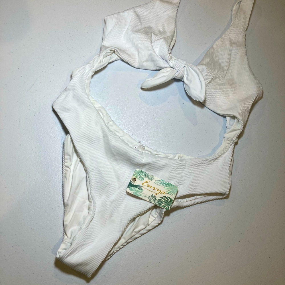 NWT Envya White Ribbed One Piece Bathing Suit Cut Outs | Large